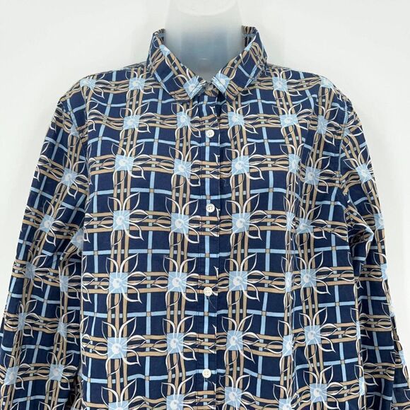 J. McLaughlin Button Down Shirt Women XL Blue Tan Geometric Cotton Long Sleeve - Picture 2 of 9
